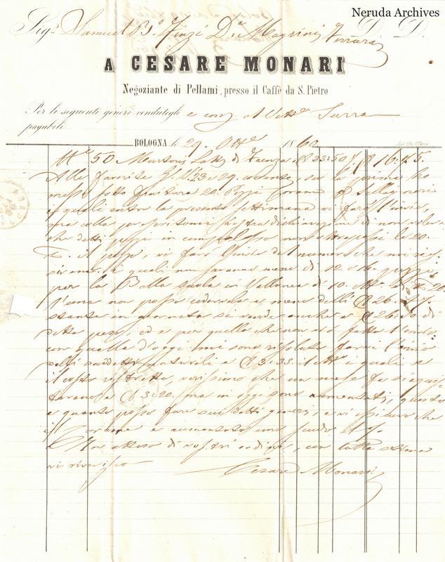 NRA-L-000744 image 2 showing invoice, letter text and signature belonging to Cesare Monari, dated 1860-05-29 in Bologna.