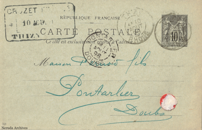 NRA-L-000308 image 1 showing the complete address side of the postcard, with the recipient address, postage, postmarks and contemporary business or filing marks.