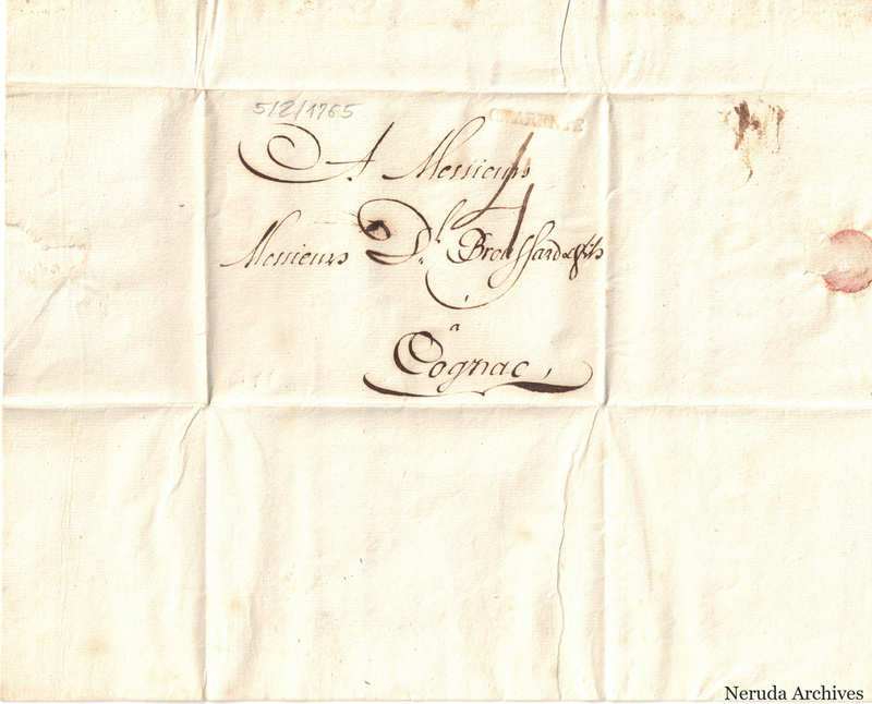 NRA-L-000402 image 1 showing the folded address panel to James Broussard fils in Cognac, with a red sealing remnant and visible folds.