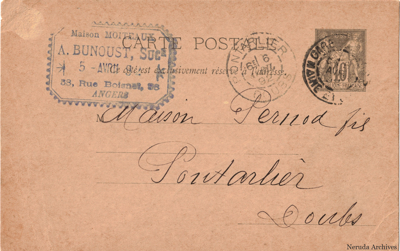 NRA-L-000180 image 1 showing the postcard address panel to Pernod fils in Pontarlier, with postage stamp, postmarks and the sender's business mark.