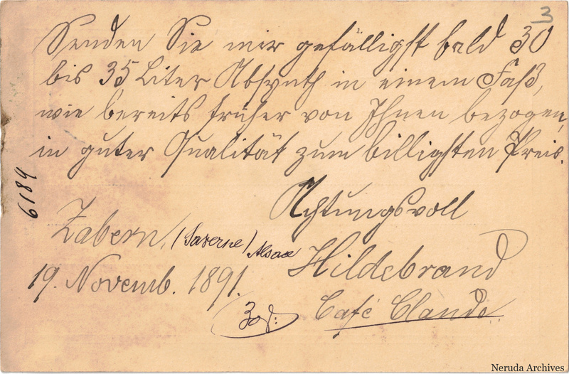 NRA-L-000170 image 2 showing a German business message dated 19 November 1891, signed Hildebrand and accompanied by numeric annotations.
