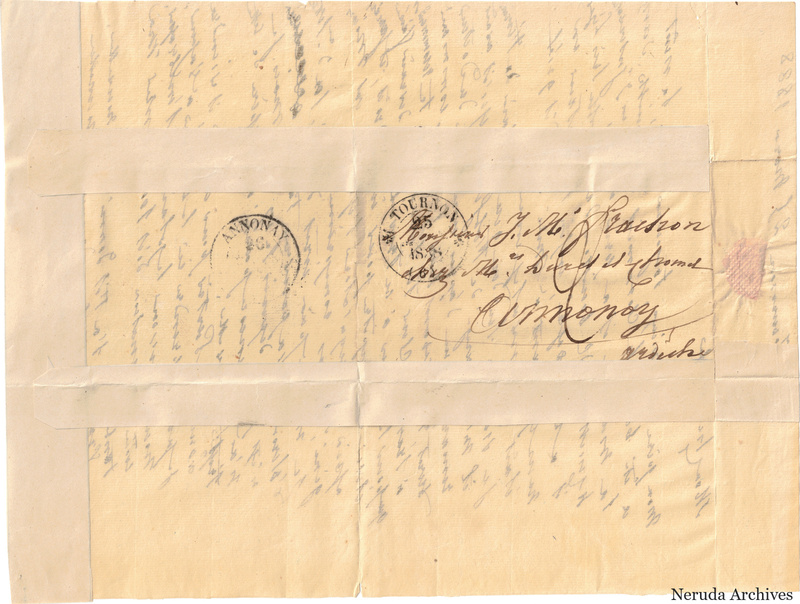 NRA-L-000535 image 1 showing a folded address panel to a Frachon correspondent with postal marks, routing notes, seals and visible folds.
