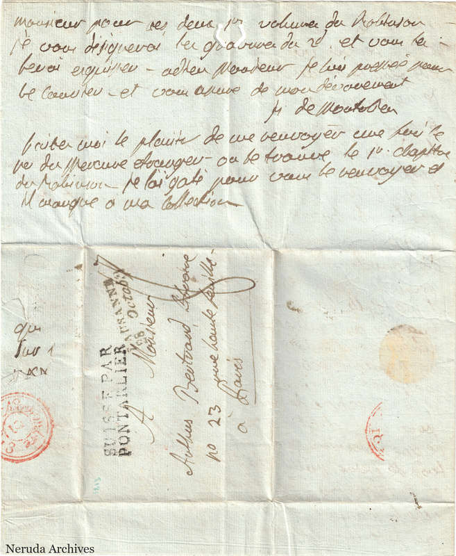 NRA-L-000589 image 1 showing the folded address panel to Paris with circular postal marks and the final manuscript lines written above the address.