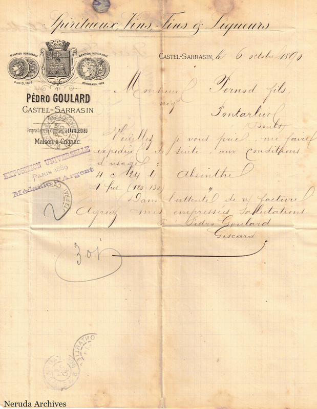 NRA-L-000628 image 1 showing the Pédro Goulard letterhead with medal illustrations and an absinthe order signed Giscard.