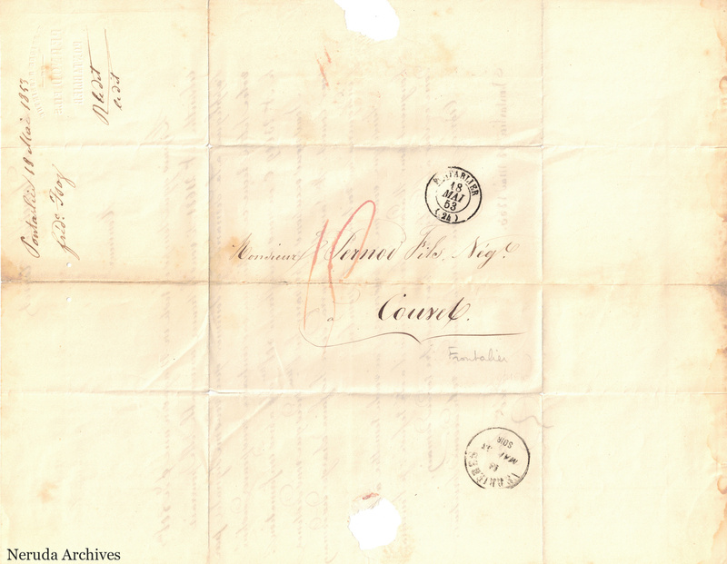 NRA-L-000624 image 2 showing the address to Pernod fils in Couvet, red postal notation and a receiving docket.