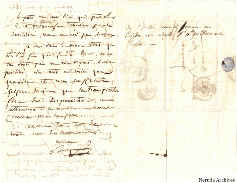 NRA-L-000568 image 2 showing a folded French letter combining manuscript text, address panel, postal marks, seals, folds and retained annotations.