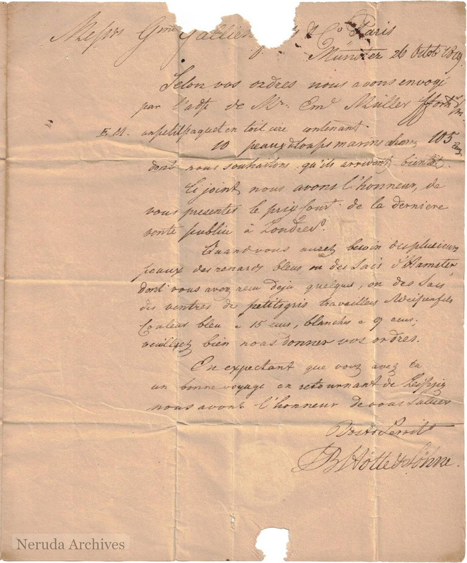 NRA-L-000026 image 2 showing the French business letter from B. Hötte Söhne concerning sealskins and fur orders.