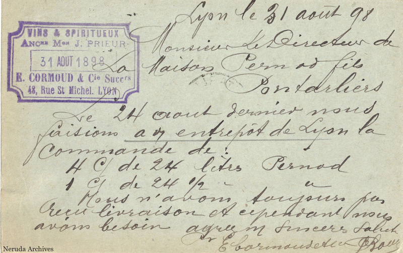 NRA-L-000281 image 2 showing the handwritten message from E. Cormoud & Cie to Pernod Fils, with contemporary annotations and the sender's signature or business mark.