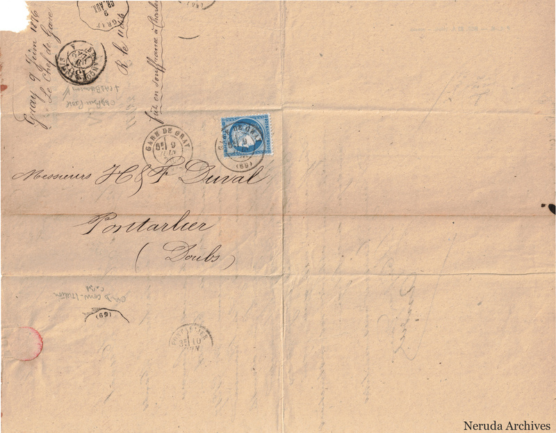 NRA-L-000138 image 1 showing a folded brown-paper address panel to H. and F. Duval in Pontarlier, with a postage stamp, postal marks, manuscript docketing, seal remnant and folds.