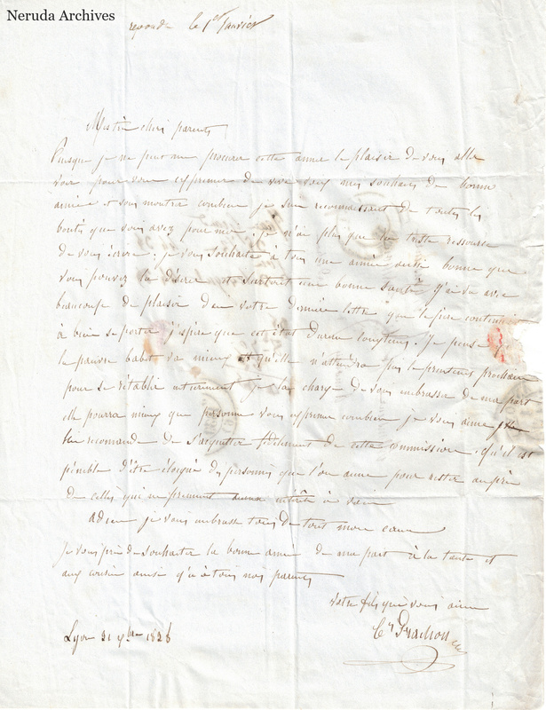 NRA-L-000555 image 2 showing a handwritten French letter with dateline, manuscript text, closing, signature, folds and paper edges.