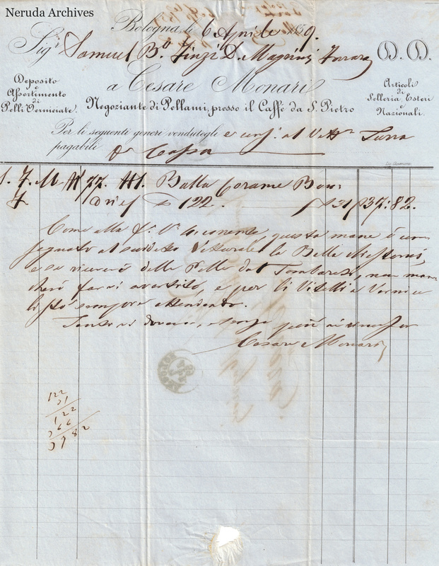 NRA-L-000746 image 2 showing Cesare Monari’s printed leather invoice and handwritten covering message, dated 1859-04-06, including the account and signature.