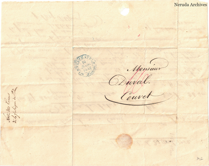 NRA-L-000130 image 1 showing a folded address panel to Duval in Couvet with a circular Neuchâtel postal mark, manuscript docketing, folds and a seal remnant.