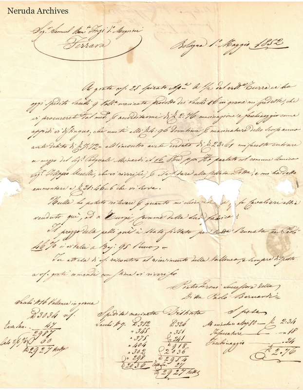 NRA-L-000703 image 2 showing the damaged incoming letter and three contemporary account columns in the Bologna letter of 1 May1852.