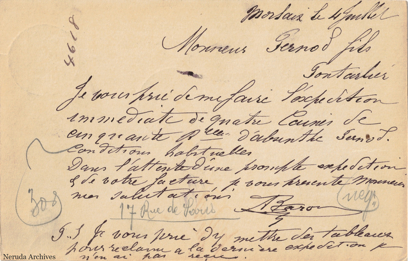 NRA-L-000331 image 2 showing the handwritten message from Auguste Baron to Pernod Fils, with contemporary annotations and the sender's signature or business mark.