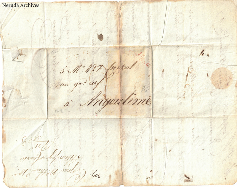 NRA-L-000397 image 1 showing the folded address panel to a recipient in Angoulême, with postal evidence, a sealing remnant and manuscript docketing.