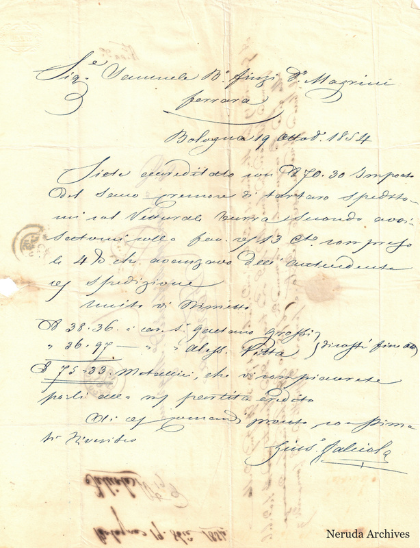NRA-L-000717 image 2 showing the incoming Italian business letter from Bologna, with the manuscript text and signature.