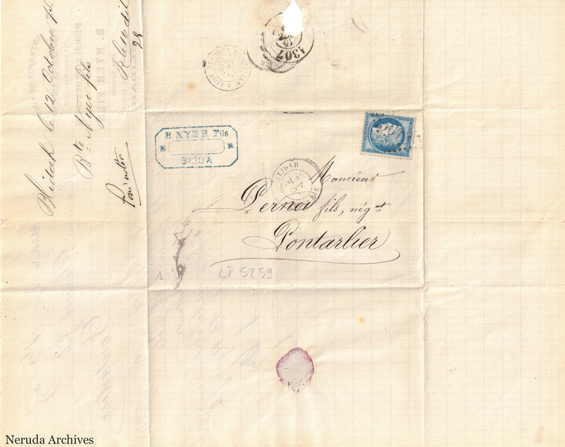 NRA-L-000623 image 2 showing the address to Pernod fils in Pontarlier, a blue B. Nyer fils cachet and postal marks.