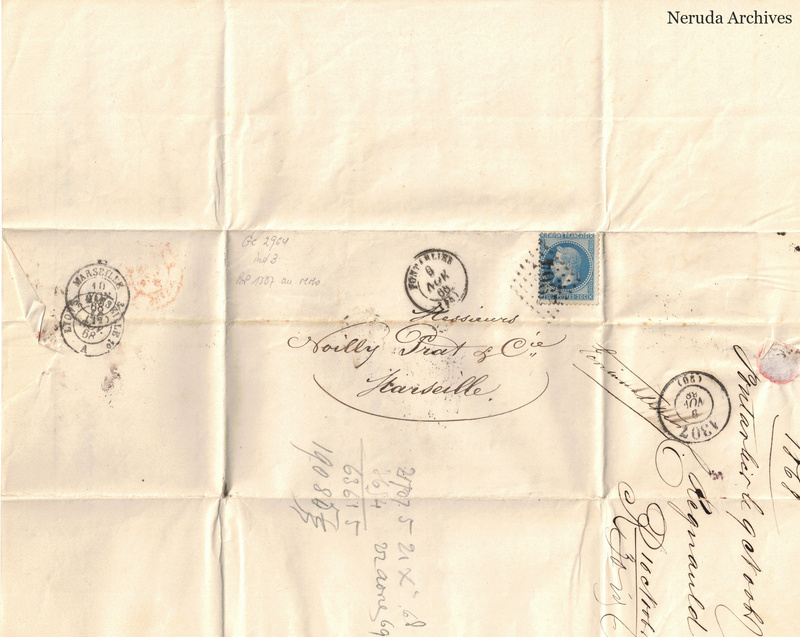 NRA-L-000155 image 1 showing the address panel to Noilly Prat and Company at Marseille, with postage stamp, circular postmarks, manuscript account docketing, folds and edge wear.