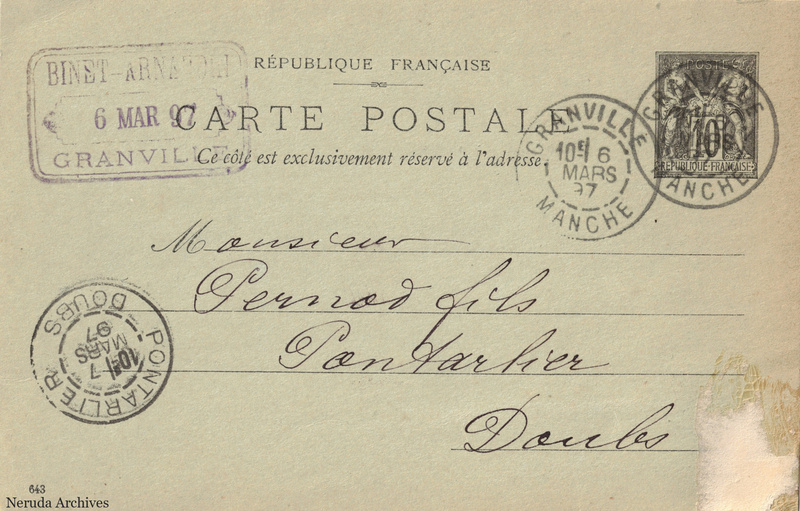 NRA-L-000181 image 1 showing the postcard address panel to Pernod fils in Pontarlier, with postage stamp, postmarks and the sender's business mark.
