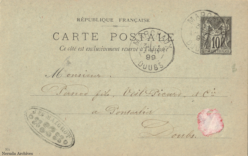 NRA-L-000375 image 1 showing the complete address side of the postcard, with the recipient address, postage, postmarks and contemporary business or filing marks.