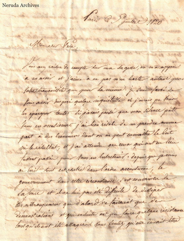 NRA-L-000150 image 2 showing the opening French manuscript page dated Paris, 5 July 1820, with a salutation to the writer's father, closely spaced cursive writing and fold lines.