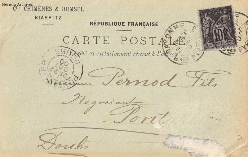 NRA-L-000299 image 1 showing the address side of a postcard sent by Chimènes & Bumsel to Pernod Fils, with contemporary postal and business marks.