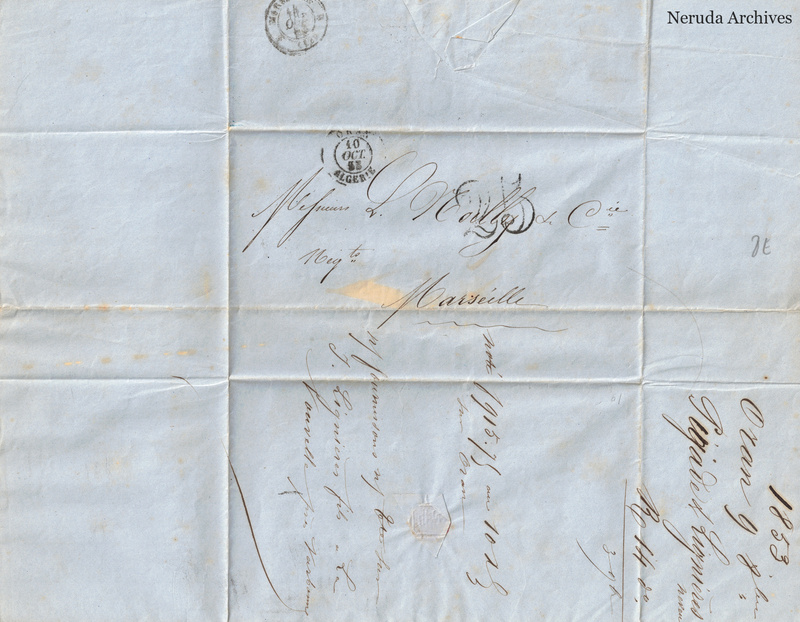 NRA-L-000134 image 1 showing a folded blue-paper address panel to J. Noilly and Company in Marseille, with Algerian postal marks, manuscript calculations, forwarding notes, folds and a seal remnant.