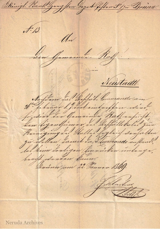 Letter text page of NRA-L-000001, dated Brünn, 22 January 1869, signed Schlosser, Rittmeister.
