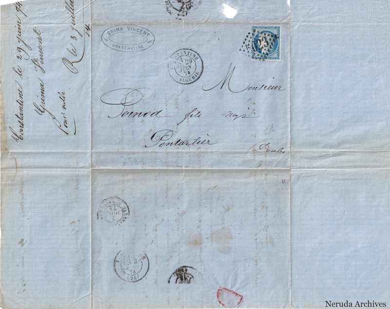 NRA-L-000625 image 2 showing the address to Pernod fils in Pontarlier and postal marks on the folded cover.