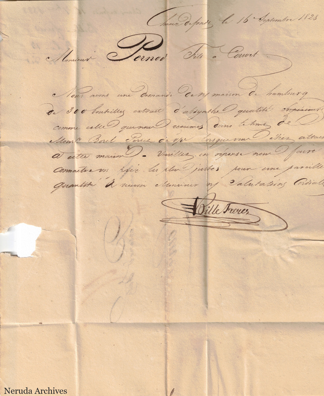 NRA-L-000104 image 2 showing letter text for letter from Bille Frères to Pernod fils requesting prices for absinthe extract, September 16, 1828.