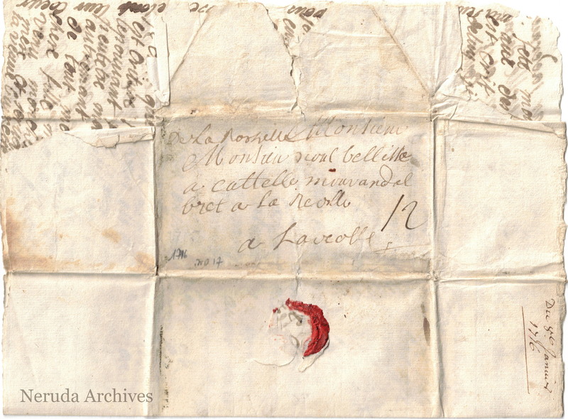 NRA-L-000016 image 1 showing the address panel, seal remnant and exterior annotations for the widow Burel's letter.