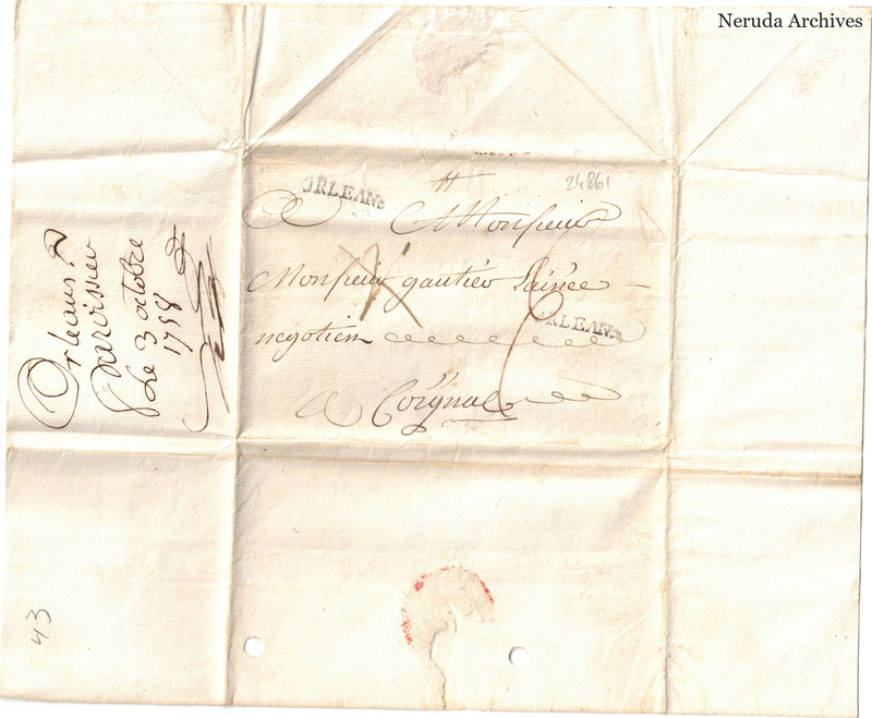 NRA-L-000398 image 1 showing the folded address panel to Monsieur Gautier l’aîné in Cognac, with Orléans postal marks, a sealing trace and manuscript docketing.