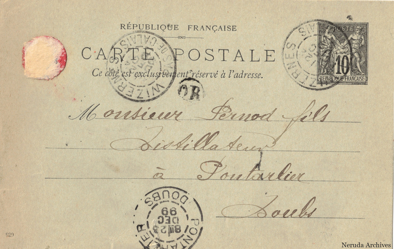 NRA-L-000319 image 1 showing the complete address side of the postcard, with the recipient address, postage, postmarks and contemporary business or filing marks.