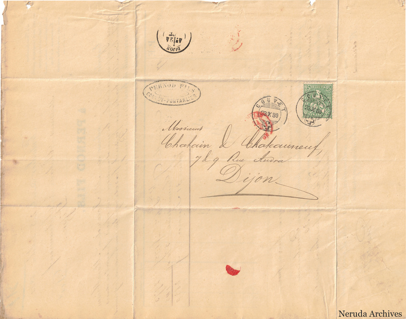NRA-L-000139 image 1 showing a folded address panel to a Dijon firm with two postage stamps, Pontarlier and Dijon postal marks, manuscript docketing, folds and a red seal remnant.