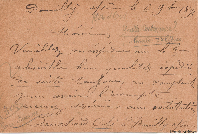 NRA-L-000330 image 2 showing the handwritten message from Bouchard Café to Pernod et Cie, with contemporary annotations and the sender's signature or business mark.