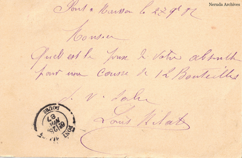 NRA-L-000288 image 2 showing the handwritten message from Louis Milat to Pernod Fils, with contemporary annotations and the sender's signature or business mark.