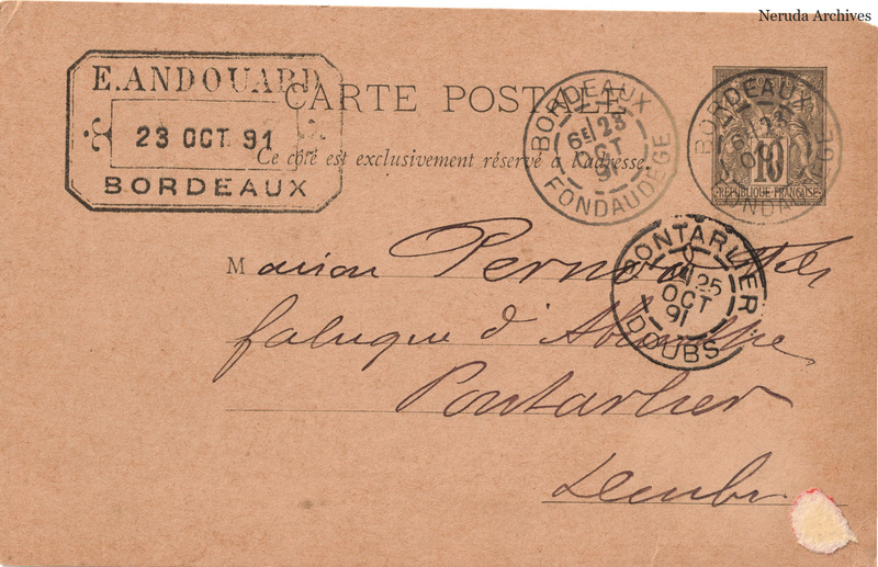 NRA-L-000343 image 1 showing the address side of a postcard sent by E. Andouard to Pernod Fils, with contemporary postal and business marks.