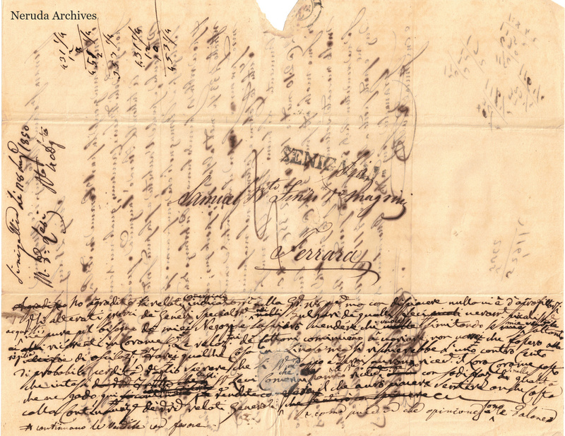NRA-L-000700 image 1 showing the address panel, postal impressions, seal remains and filing evidence in the Senigallia letter of 28 August1850.