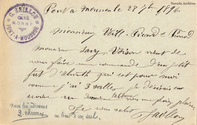NRA-L-000260 image 2 showing the handwritten message from C. Jaillon, Café to Veil-Picard & Pernod, with contemporary annotations and the sender's signature or business mark.