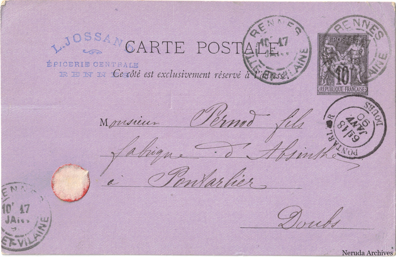 NRA-L-000225 image 1 showing the address side of a postcard sent by L. Jossand to Pernod Fils, with contemporary postal and business marks.