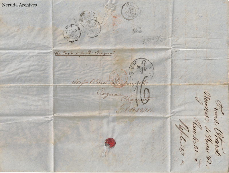 NRA-L-000414 image 1 showing a folded address panel to Otard Dupuy in Cognac, routed via England, with postal marks, a wax seal and manuscript docketing.