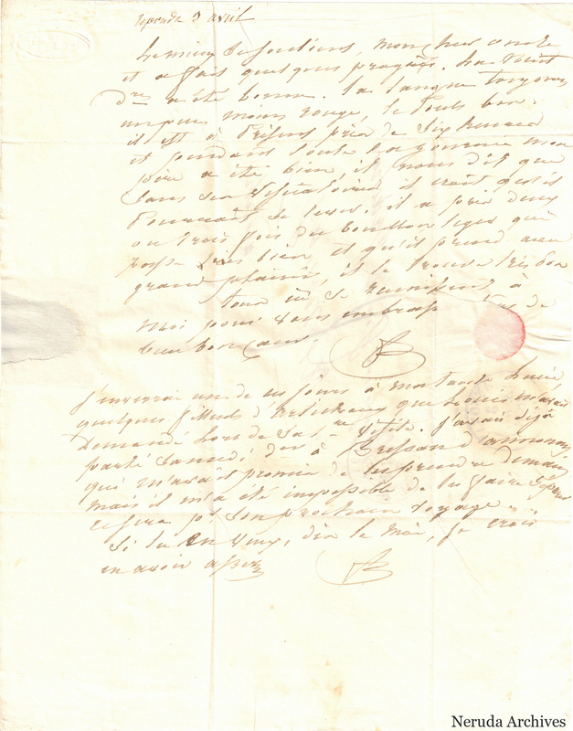 NRA-L-000527 image 2 showing a handwritten French letter continuation with closing, signature, later notes, folds and paper edges.