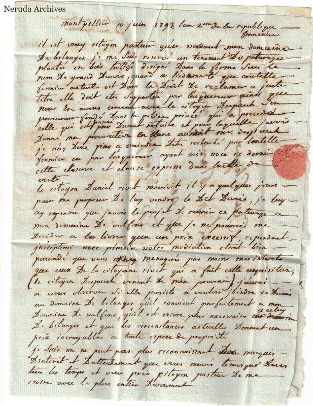 NRA-L-000668 image 4 showing an enclosed French statement dated at Montpellier on 10 June 1793, with a red wafer seal at the right edge.