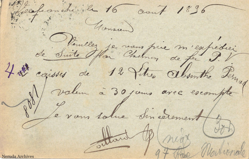 NRA-L-000275 image 2 showing the handwritten message from V. Coillard Fils to Établissements Pernod Fils, with contemporary annotations and the sender's signature or business mark.