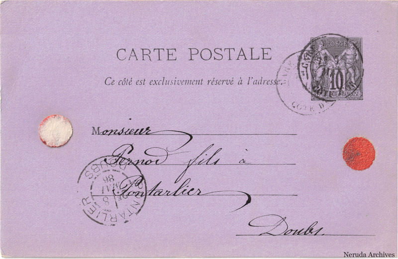 NRA-L-000235 image 1 showing the address side of a postcard sent by F. Irmoux, Café de la Rotonde to Pernod Fils, with contemporary postal and business marks.