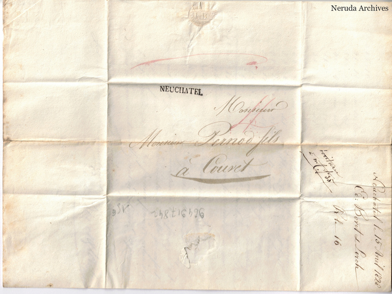 NRA-L-000103 image 1 showing address panel and postal evidence for letter from Ed. Bovet & Lerch to Pernod fils concerning packages, barrels and remittances, April 15, 1828.
