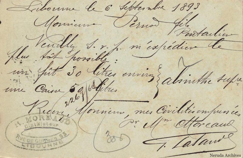 NRA-L-000207 image 2 showing the handwritten message from H. Morcaud to Pernod Fils, with contemporary annotations and the sender's signature or business mark.