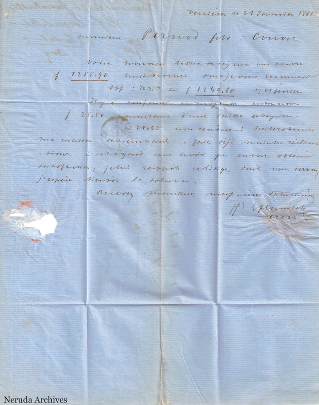 NRA-L-000108 image 2 showing a French commercial letter dated at Verrieres with underlined figures, calculations, a signature, a postal mark and a seal-area paper loss.
