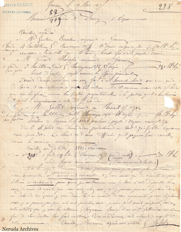 NRA-L-000399 image 2 showing a handwritten French commercial letter on ruled paper, with quantities, prices, a closing signature, folds and small holes.