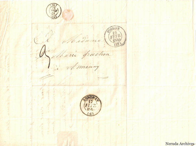 NRA-L-000513 image 1 showing a folded address panel to a Frachon correspondent with postal marks, routing notations and paper folds.